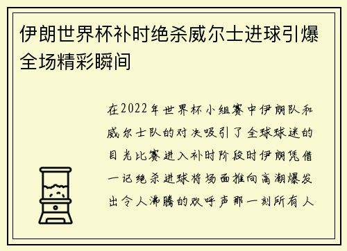 伊朗世界杯补时绝杀威尔士进球引爆全场精彩瞬间